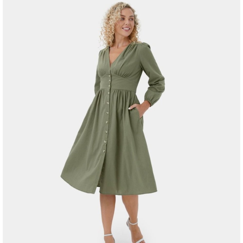 HALARA Green Pleated A-Line Midi Dress with Bishop Sleeves